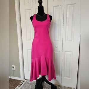 Amanda Urichard Body-Con Midi dress, high/low trumpet hem, fuschia, US L(10/12)